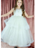 Ivory Pleated Satin Tulle Tiered Flower Girl Dress